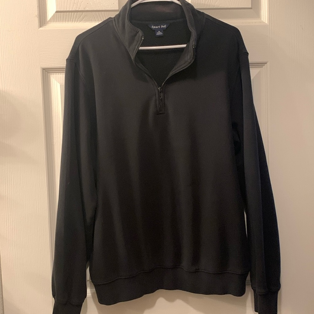 SPORT TEK BLACK PULL-OVER SWEAT SHIRT+ZIP/COLLAR + BANDED HEM SZ M COT/POLY